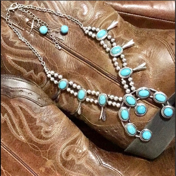 CowgirlZ at HEART Jewelry - SET SQUASH BLOSSOM TURQUOISE  SILVER NECKLACE & ER